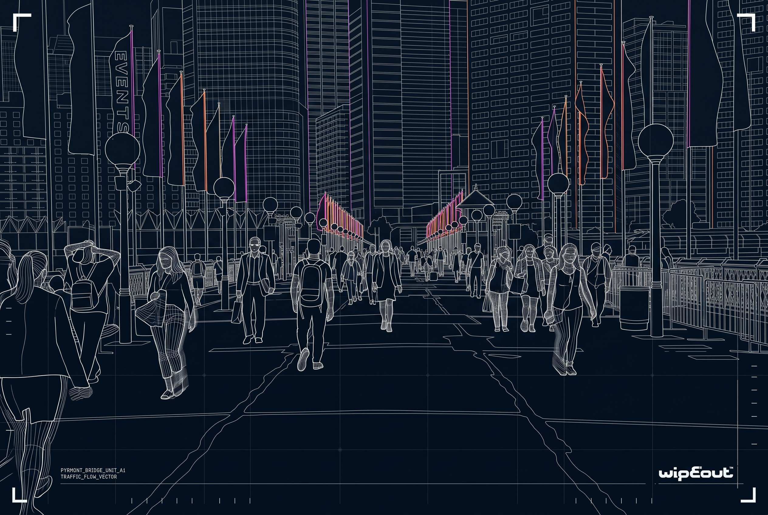 Wireframe illustration of Pyrmont Bridge, Sydney